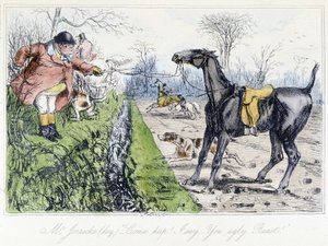 Reitszene der Jagd. Englische Karikatur über die Fuchsjagd aus „Die Abenteuer von Thomas Scott oder Hawbuck Grange“, Illustration von H.K. Browne und W.T. Maud von Hablot Knight Browne