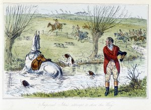 Jäger und sein Pferd stürzen in einen Wassergraben. Englische Karikatur auf die Fuchsjagd aus den „Abenteuern von Thomas Scott oder Hawbuck Grange“, Illustration von H.K. Browne und W.T. Maud. von Hablot Knight Browne
