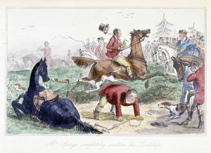 Jäger fällt von seinem Pferd. Englische Karikatur aus den „Abenteuern von Thomas Scott oder Hawbuck Grange“, Illustration von H.K. Browne und W.T. Maud. von Hablot Knight Browne