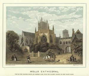 Kathedrale von Wells, Blick auf das Kapitelhaus und das Osttor, mit der Galerie zum Vicar