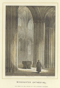 Kathedrale von Winchester, Blick durch das Kirchenschiff auf die Front und das Wykeham-Denkmal von Hablot Knight Browne