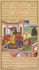 Isfandiyar tötet Arjasp, den König von Turan, aus einem Shah-nama Buch der Könige von Firdausi..., 1600-16