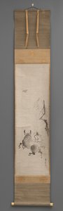 Stier und Reiter, frühes 17. bis spätes 19. Jahrhundert (Hängende Schriftrolle: Tinte auf Papier) von Hanabusa Itcho