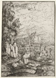 Landschaft mit einer Straße zu einer Burg auf einer Insel in einem Fluss von Hanns Lautensack