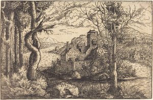 Ansicht eines Flusses mit einer Burg auf einer Insel