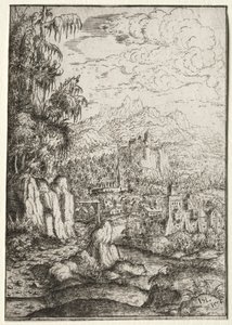 Landschaft mit einer Straße zu einer Burg auf einer Insel in einem Fluss, 1554 von Hanns Sebald Lautensack
