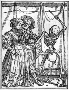 Die Simulakren des Todes von Hans Holbein dem Jüngeren (1497-1543): die Eheleute. Der Tod spielt die Trommel vor einem Paar. Gravur. von Hans (after) Holbein the Younger