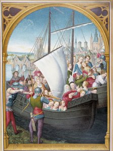Landung der Jungfrauen in Köln und ihr Martyrium, nach dem Schachspiel der heiligen Ursula, Brügge, von Memling von Hans (after) Memling