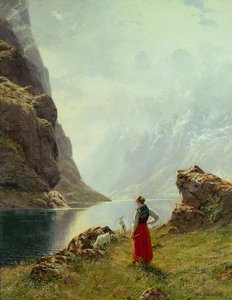 Ein Mädchen mit Ziegen an einem Fjord von Hans Andreas Dahl