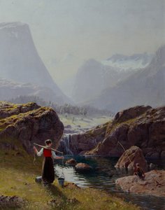 Mädchen mit Wassereimern und Junge beim Angeln von Hans Andreas Dahl