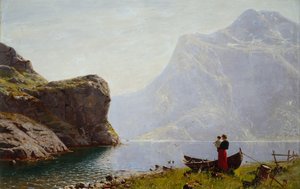 Frau und Kind am Fjordufer von Hans Andreas Dahl