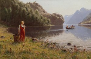 Frau in Fjordlandschaft von Hans Andreas Dahl