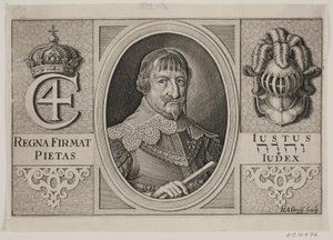 Christian IV. Illustration zu Peder Vinstrup, "Den danske Hornblæser", 1644 von Hans Andreas Greys