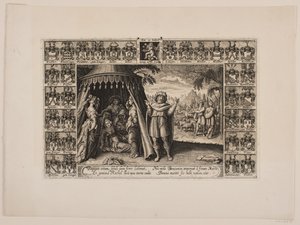 Titelblatt zur Leichenpredigt mit Darstellung von Rachel, die bei der Geburt von Benjamin stirbt. Umgeben von Wappenschilden von Hans Andreas Greys