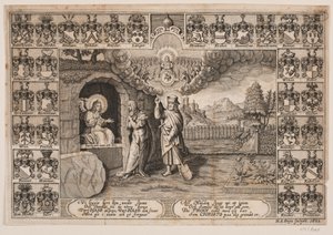 Titelblatt zur Leichenpredigt über Ida Langs mit Darstellung von Christus als Gärtner und Maria Magdalena von Hans Andreas Greys