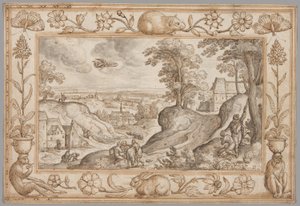 Landschaft mit dem Opfer des Isaak innerhalb eines dekorativen Rahmens aus Pflanzen und Tieren von Hans Bol