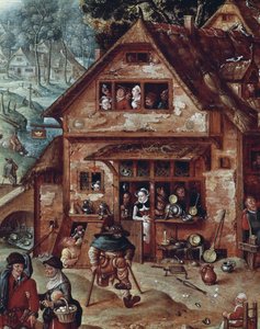 Taverne, Detail einer Dorfszene, Gemälde von Hans Bol (1534-1593)