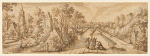 Ansicht von Delfgauw, mit Abraham und den drei Engeln von Hans Bol