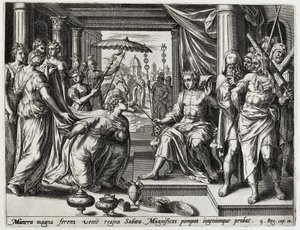 Salomo empfängt die Königin von Saba (Geschichte von Salomo) von Hans Collaert (I) (attributed to)