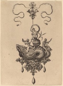 Entwurf für ein Anhänger mit Meeresungeheuer, das eine Frau auf einer Muschel trägt, flankiert von einem Triton und einem Mann mit einem Ruder von Hans Collaert the Elder