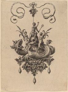 Entwurf für ein Anhänger mit einem Meeresmonster, das Neptun trägt, flankiert von zwei Nereiden von Hans Collaert the Elder