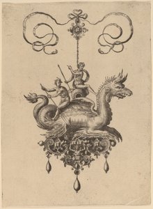 Entwurf für ein Anhänger mit einem Seeungeheuer, das Neptun auf einer Urne trägt, flankiert von einem Flussgott mit einem Ruder von Hans Collaert the Elder