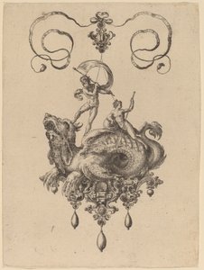 Entwurf für ein Anhänger mit einem Seeungeheuer, das Thetis und einen Mann mit einem Segel trägt von Hans Collaert the Elder