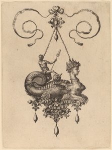 Entwurf für ein Anhänger mit einer Sphinx mit dem Körper eines Fisches, der einen Mann mit einem Ruder trägt von Hans Collaert the Elder