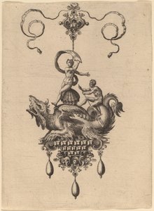 Entwurf für ein Anhänger mit einem geflügelten Seeungeheuer, das Venus Anadyomene auf einer Muschel trägt, und einem Mann mit einem Ruder von Hans Collaert the Elder