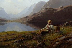 Mädchen strickt am Bergsee von Hans Dahl