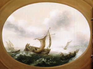 Niederländische Fischerboote in starkem Wind, ein kleineres Boot, Segel unten, rechts, mit Fischern, die die Netze einholen von Hans Goderis