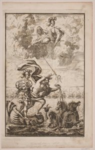 Neptun über das Meer fahrend. Titelblatt zu Fontenay, "Søe-Evolution"; Kopenhagen 1743 von Hans Henrich Christian Ulrich