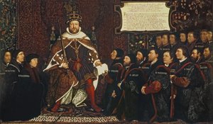 Heinrich VIII. überreicht eine Urkunde an Thomas Vicary, zur Erinnerung an den Zusammenschluss der Barbiere und Chirurgen, 1541