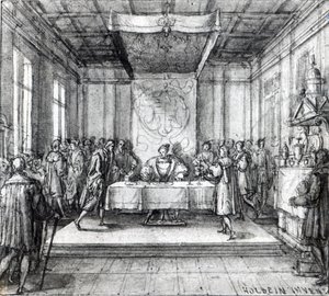 Heinrich VIII. in seinem Privatgemach (Feder, Tinte und Waschung auf Papier)