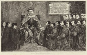 König Heinrich VIII. überreicht eine Urkunde an das College of Surgeons von Hans Holbein der Jüngere
