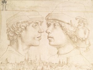 Porträts von zwei Jugendlichen, einem Zwerg und einer Stadtansicht, ca. 1514