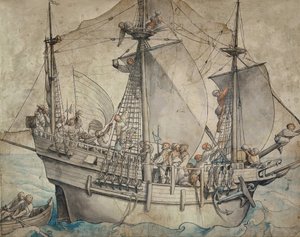 Schiff mit feiernden Seeleuten, Landsknechten und einer Marketenderin von Hans Holbein der Jüngere