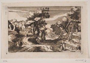 Hügelige Landschaft mit Bauernhäusern. Im Vordergrund eine Milchmagd und ein Bauer mit Heugabel von Hans Jørgen Kirksteen