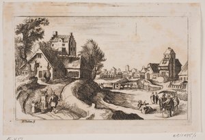 Dorf. Links ein Weg mit einer Frau mit Korb auf dem Kopf und einem kleinen Kind an ihrer Seite von Hans Jørgen Kirksteen