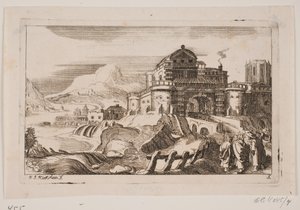 Landschaft mit Jesus und zwei Aposteln vor einem Stadttor