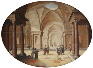 Ein klassischer Palastinnenraum mit Moses, der den Stab des Pharaos in eine Schlange verwandelt von Hans Juriaensz. van Baden