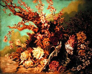 Blumenarrangement mit Blütenzweigen und Pfingstrosen, ca. 1884 von Hans Makart