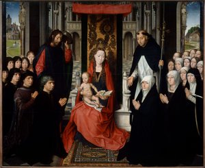 Die Jungfrau und das Kind zwischen dem heiligen Jakobus und der heiligen Dominica, die Stifter präsentieren von Hans Memling