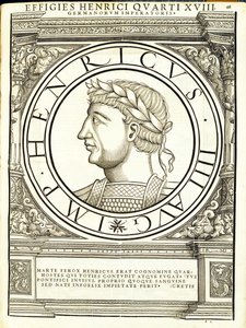 Henricus IIII, Illustration aus Imperatorum romanorum omnium orientalium et occidentalium verissimae imagines ex antiquis numismatis, Holzschnitt von Rudolph Wyssenbach, gedruckt von Andreas Gesner, Zürich