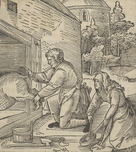 Ein Bauer schlachtet ein Schwein, aus Hymmelwagen auff dem, wer wol lebt..., 1517 von Hans Schäufelein the Elder