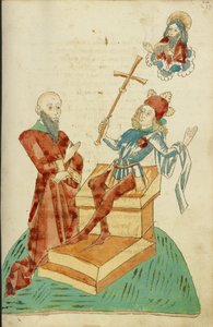 Ein heidnischer Gelehrter vor Josaphat, der auf Gott den Vater im Himmel zeigt
