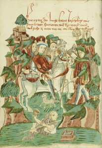 Josaphat trifft einen Blinden und einen Bettler, Ms Ludwig XV 9 fol. 31v, 1469 (Tinte, Farbwaschungen und Tempera auf Papier) von Hans Schilling