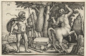 Die Arbeiten des Herkules: Herkules schießt auf Nessus, 1542 von Hans Sebald Beham