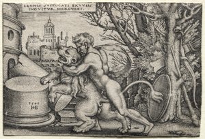 Die Arbeiten des Herkules: Herkules erwürgt den Nemeischen Löwen von Hans Sebald Beham