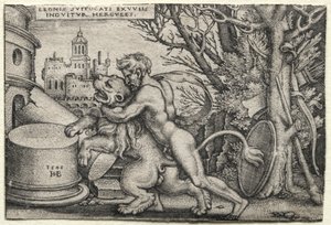Die Arbeiten des Herkules: Herkules erwürgt den nemeischen Löwen, 1548 von Hans Sebald Beham